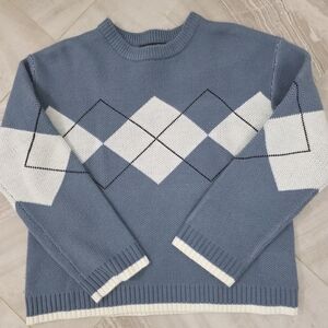 Men's Blue and White Argyle Crewneck Sweater